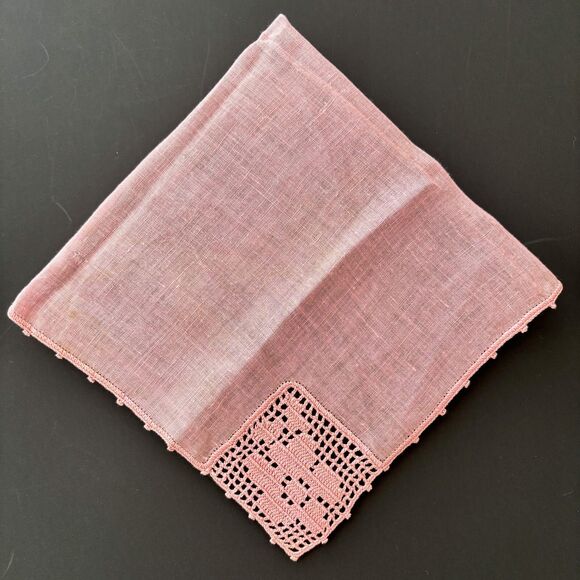 Pink Linen Filet Crochet Bridesmaid Handkerchief Wedding Vintage Cottage Core - Picture 1 of 4